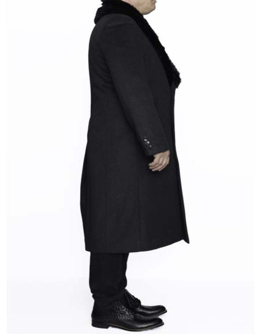 Removable Fur Collar Dark Charcoal Grey Ankle length Wool Dress Top Coat/Overcoat - Mens Overcoat - Men's Tuxedo USA