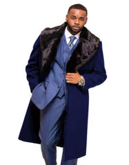 Dark Navy Blue Overcoat ~ Long men's Dress Topcoat - Winter coat With Fur Collar And Wool Fabric - Men's Tuxedo USA