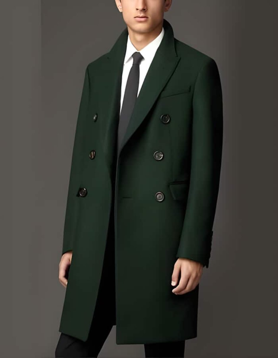 3 Button Dark Olive Green Long Overcoat - Men's Tuxedo USA