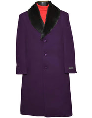 Men's (Removable) Dress Coat Fur Collar Dark Purple 3 Button Overcoat ~ Long Men's Dress Topcoat - Winter Coat Fabric Also - Three Quarter 34 Inch Length - Men's Tuxedo USA