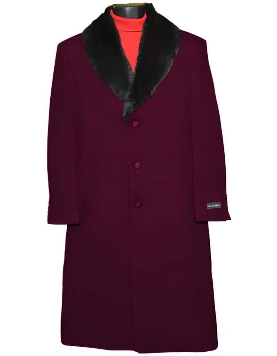 Dark Wedding Burgundy Prom 3 Button Wool Ankle length Overcoat ~ Long men's Dress Topcoat - Winter coat 95% Wool Fabric - Men's Tuxedo USA