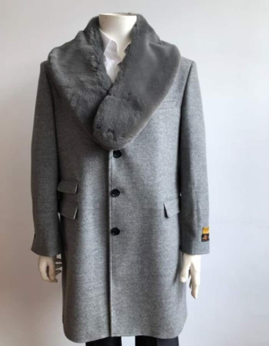 Mens Long Jacket Ticket Pocket Designer men's Wool Peacoat Sale ~ Wool men's Car Coat Mid Length Three quarter length coat ~ Overcoat Wool With Fur Collar LT Gray - Men's Tuxedo USA