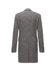 Men's  Double Breasted Gray Herringbone Tweed Six Button Overcoat - Men's Tuxedo USA