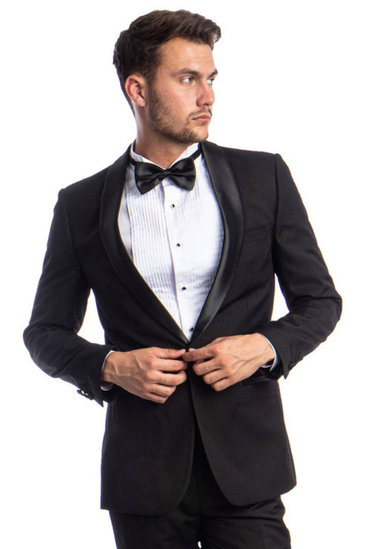 Men's Skinny Fit One Button Shawl Prom Tuxedo in Black - Men's Tuxedo USA