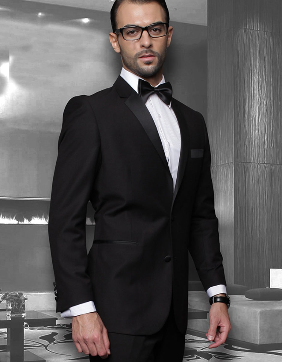 Mens 2 Button Modern Fit Wool Tuxedo in Black - Men's Tuxedo USA