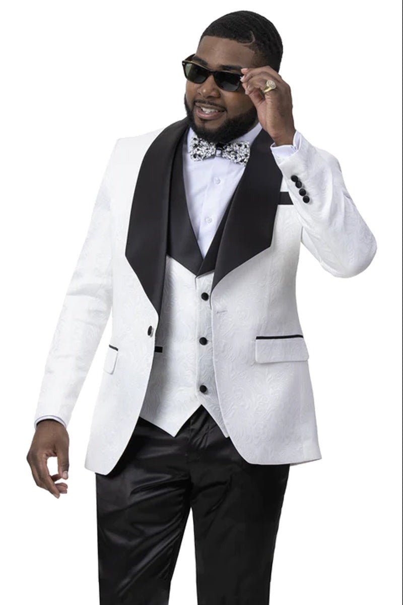 Mens Vested Square Shawl Paisley Prom & Wedding Tuxedo Jacket & Vest in White & Black - Men's Tuxedo USA