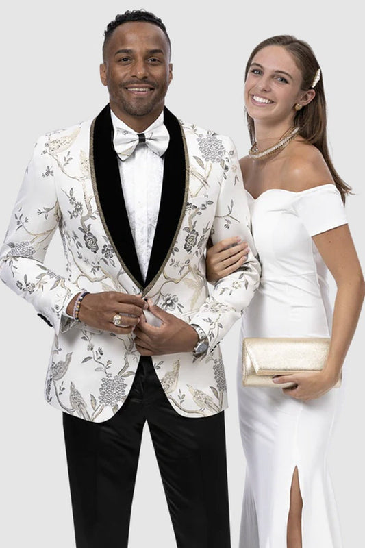 Mens One Button White & Gold Tree Pattern Wedding Tuxedo Dinner Jacket - Men's Tuxedo USA