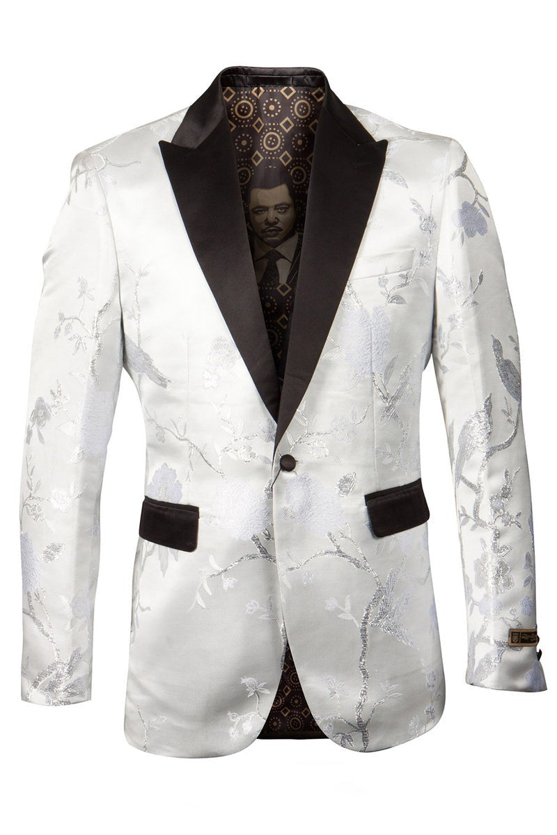 Men's Shiny Floral Satin Print Prom & Wedding Tuxedo Jacket in White & Silver - Men's Tuxedo USA