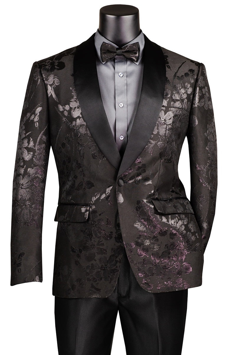 Men's Shiny Foil Floral Paisley Prom & Wedding Tuxedo Jacket in Black - Men's Tuxedo USA