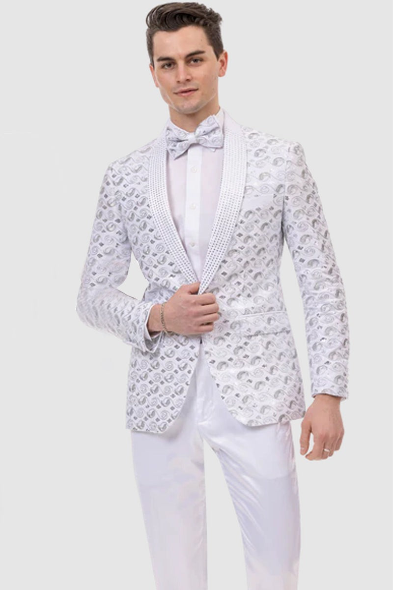 Mens Moder Silver Sequin Swirl Prom Tuxedo Jacket in White - Men's Tuxedo USA