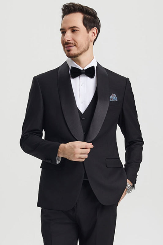 Men's Stacy Adams Vested One Button Shawl Lapel Designer Tuxedo in Black - Men's Tuxedo USA