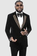 Mens Modern Fit Velvet Tuxedo Suit with Gold Sequin Lapel Embellishment in Black - Men's Tuxedo USA