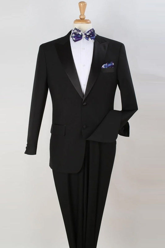 Mens 2 Button Classic Fit Pleated Pant Peak Lapel Tuxedo in Black - Men's Tuxedo USA