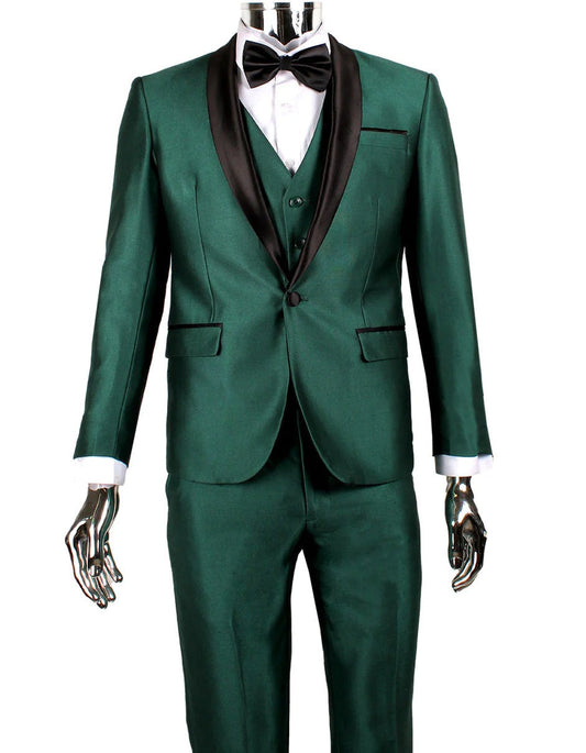 Mens 1 Button Shawl Lapel Vested Wedding | Prom Tuxedo in Emerald Green Sharkskin - Mens Slim Fitted Tuxedo - Men's Tuxedo USA