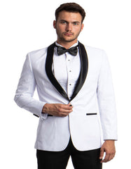 Mens Five Button Mandarin Banded Tuxedo in White - Men's Tuxedo USA