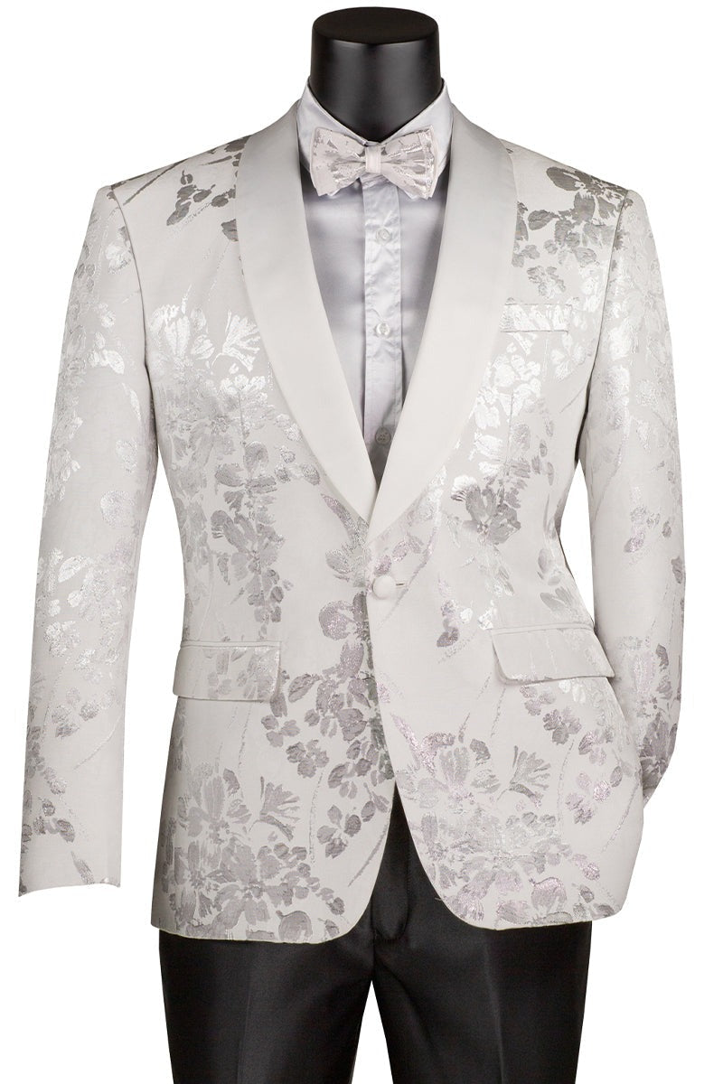 Men's Shiny Foil Floral Paisley Prom & Wedding Tuxedo Jacket in White - Men's Tuxedo USA