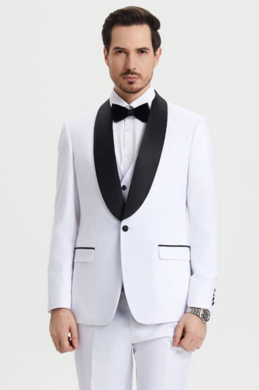 Men's Stacy Adams Vested One Button Shawl Lapel Designer Tuxedo in White - Men's Tuxedo USA