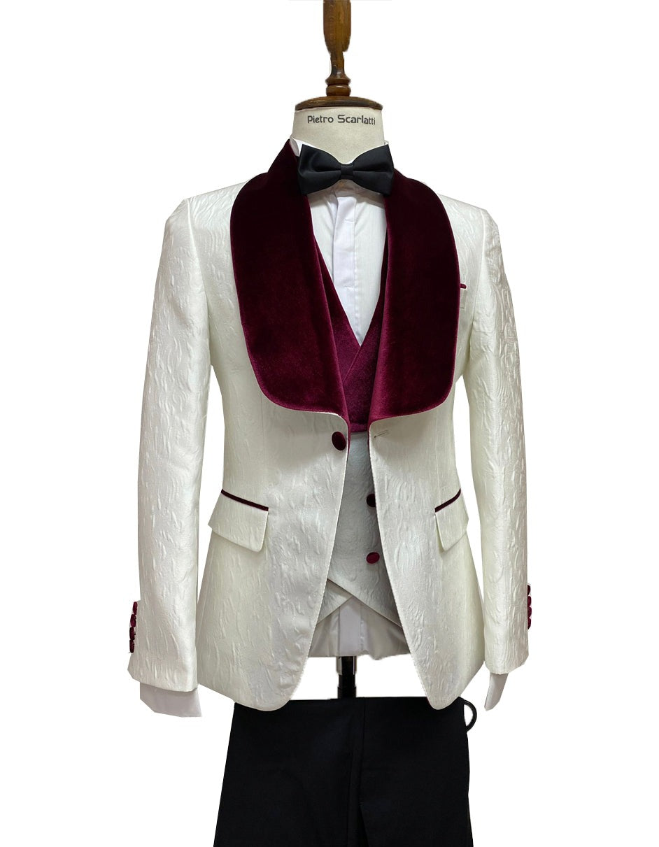 Mens Vested Designer Wide Velvet Shawl Tuxedo White With Burgundy Lapel - Men's Tuxedo USA