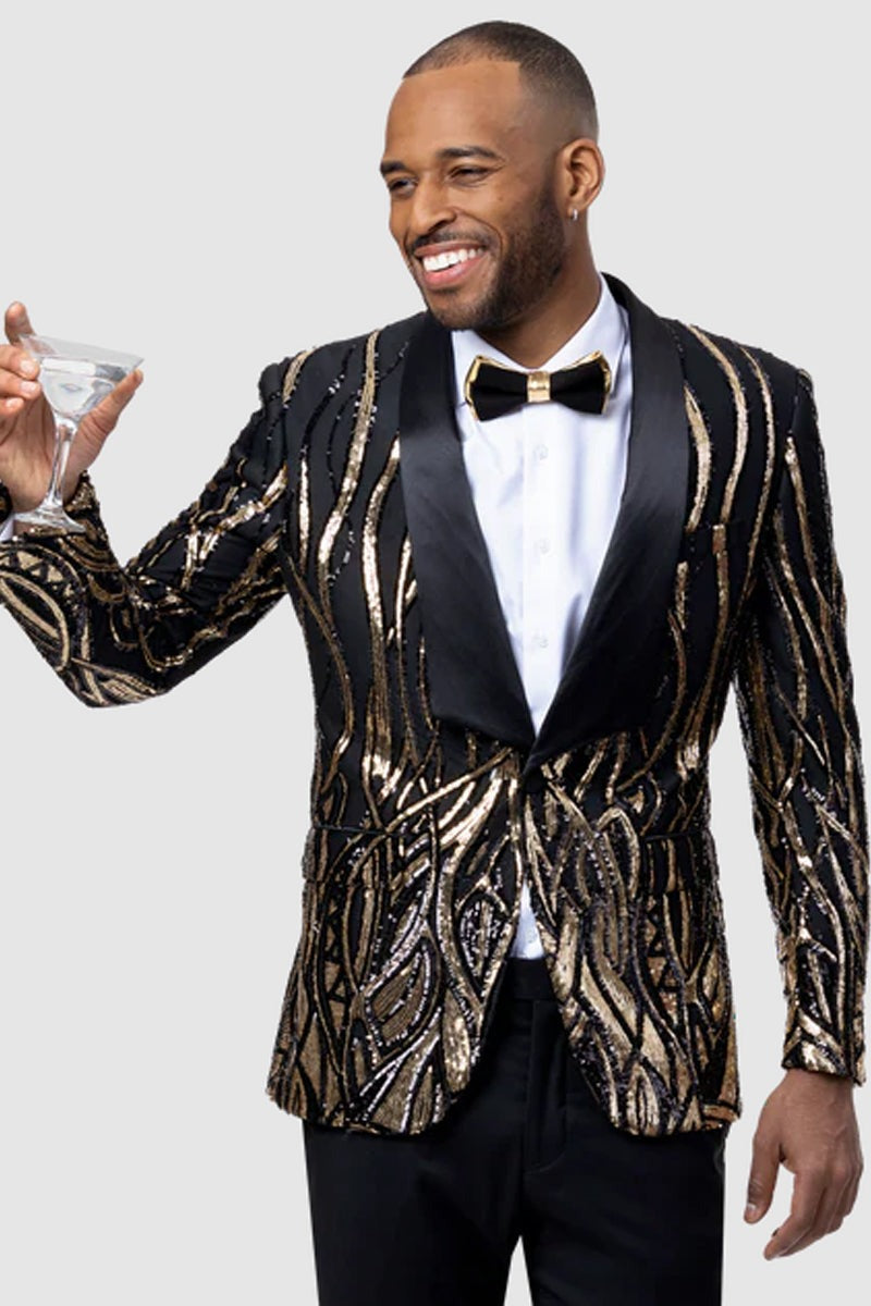 Mens Square Shawl Lapel Black & Gold Sequin Prom Tuxedo Jacket - Men's Tuxedo USA