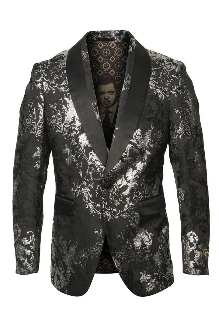 Men's Shawl Collar Wedding Tuxedo Blazer in Black with Silver Foil Paisley - Men's Tuxedo USA