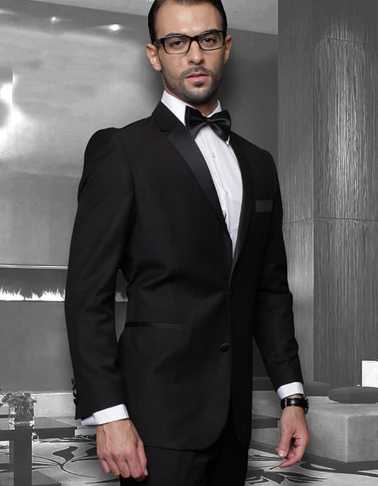 Mens 2 Button Modern Fit Wool Tuxedo in Black - Men's Tuxedo USA