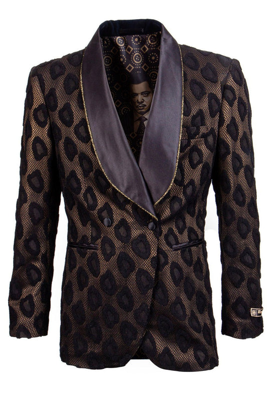 Men's Double Breasted Cheetah Print Tuxedo Dinner Smoking Jacket in Black & Gold - Men's Tuxedo USA