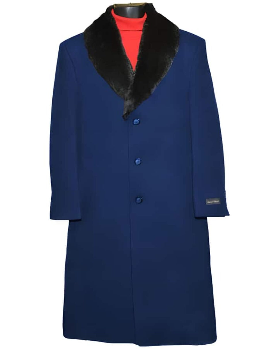 Mens Overcoat - Topcoat For Men - Winter Fabric -Men's Dress Coat (Removable ) Fur Collar 3 Button Wool Full Length Overcoat ~ Long men's Dress Topcoat - Winter coat 65% Wool Full Length Fabric Also Navy Blue - Men's Tuxedo USA