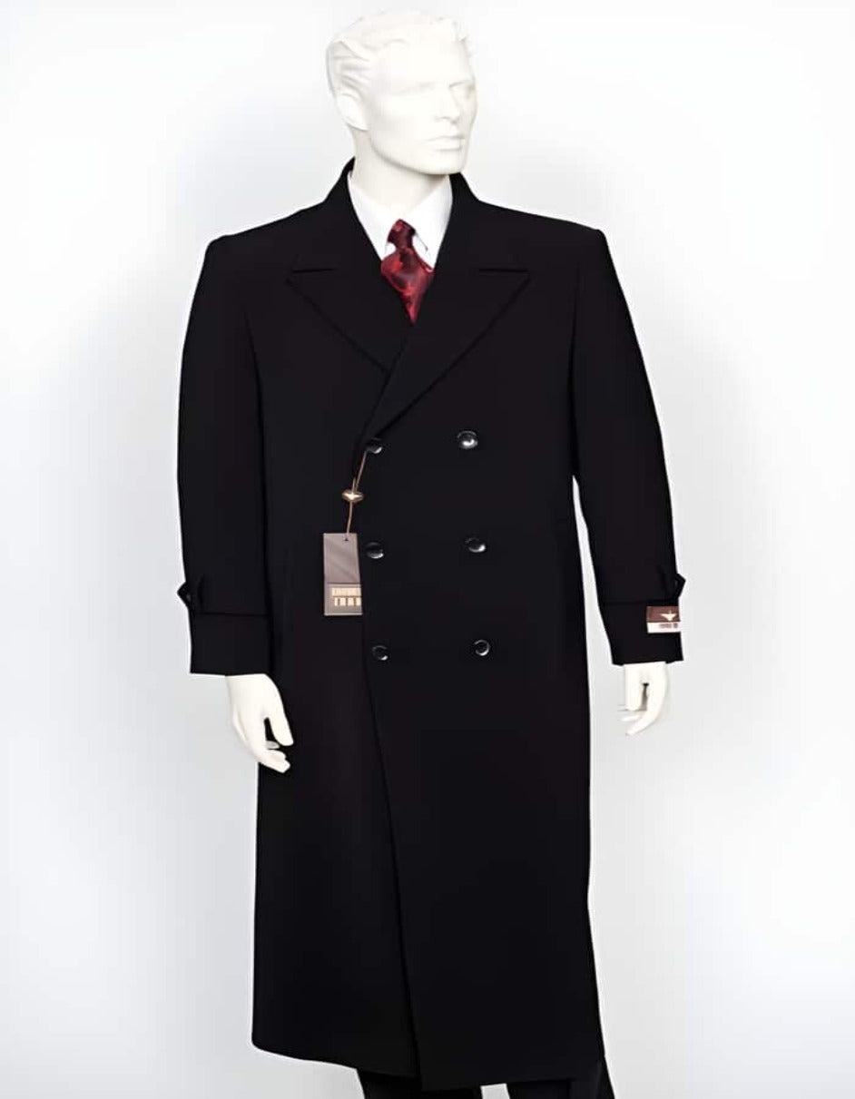 Mens Black Double Breasted Full Length Coat Duster Maxi Coat - Men's Tuxedo USA