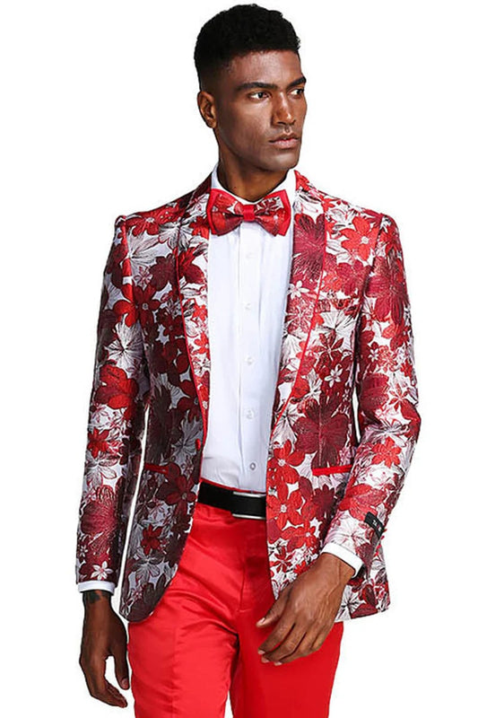 Men's Slim Fit Paisely Prom Tuxedo Jacket In Red & Silver - Men's Tuxedo USA