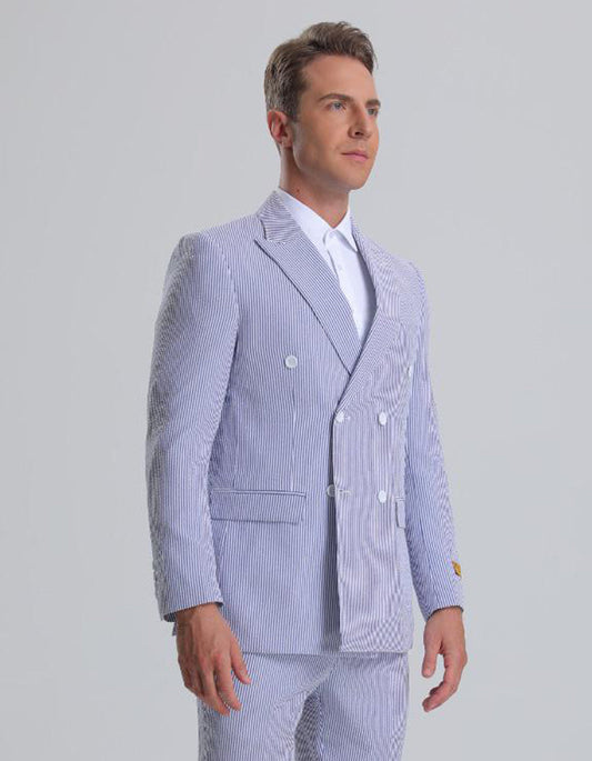 Mens Double Breasted Summer Seersucker Suit in Blue Pinstripe - Men's Tuxedo USA