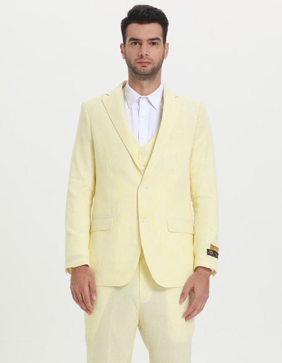 Mens Vested Summer Seersucker Suit in Yellow Pinstripe - Men's Tuxedo USA