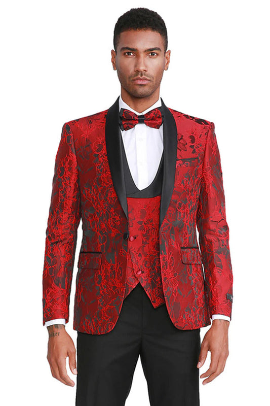 Men's Slim Fit One Button Vested Paisely Shawl Lapel Prom Tuxedo In  Red - Men's Tuxedo USA