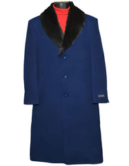 Men's Dress Coat (Removable ) Fur Collar 3 Button Wool Full Length Overcoat ~ Long men's Dress Topcoat - Winter coat 65% Wool Full Length Fabric Also Navy Blue - Men's Tuxedo USA