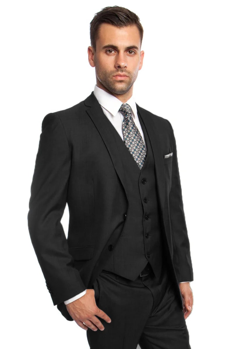 Men's Two Button Vested Business Sharkskin Suit in Black - Men's Tuxedo USA