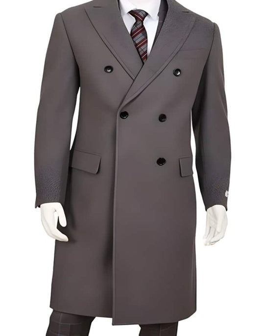 Mens Gray Double Breasted Five Button Wool ~ Poly Blend Overcoat - Men's Tuxedo USA