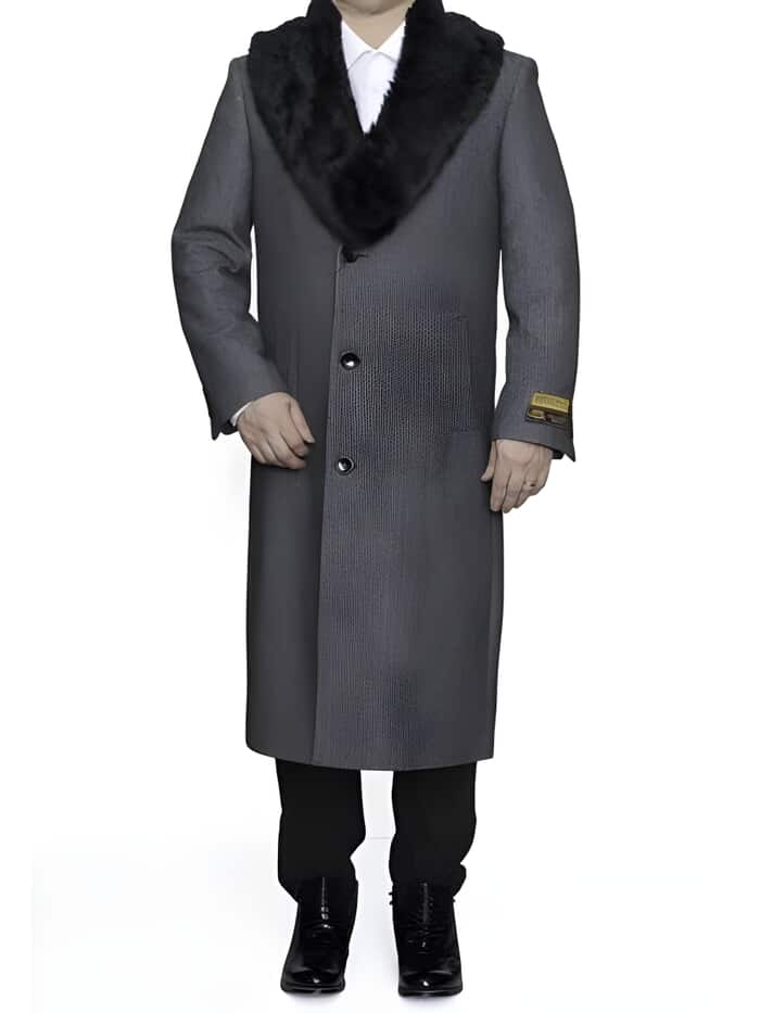 Mens Overcoat - Topcoat For Men - Winter Fabric - Removable Ankle length Fur Collar Full Length Gray Wool Herringbone ~ Overcoat 1920s 1940s men's Fashion Vintage Style - Mens Topcoat - Men's Tuxedo USA