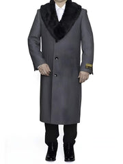 Mens Overcoat - Topcoat For Men - Winter Fabric - Removable Ankle length Fur Collar Full Length Gray Wool Herringbone ~ Overcoat 1920s 1940s men's Fashion Vintage Style - Mens Topcoat - Men's Tuxedo USA