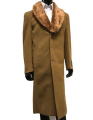 Mens Wool mens Overcoat With Fur Collar Full Length 48 Inches Camel - Men's Tuxedo USA