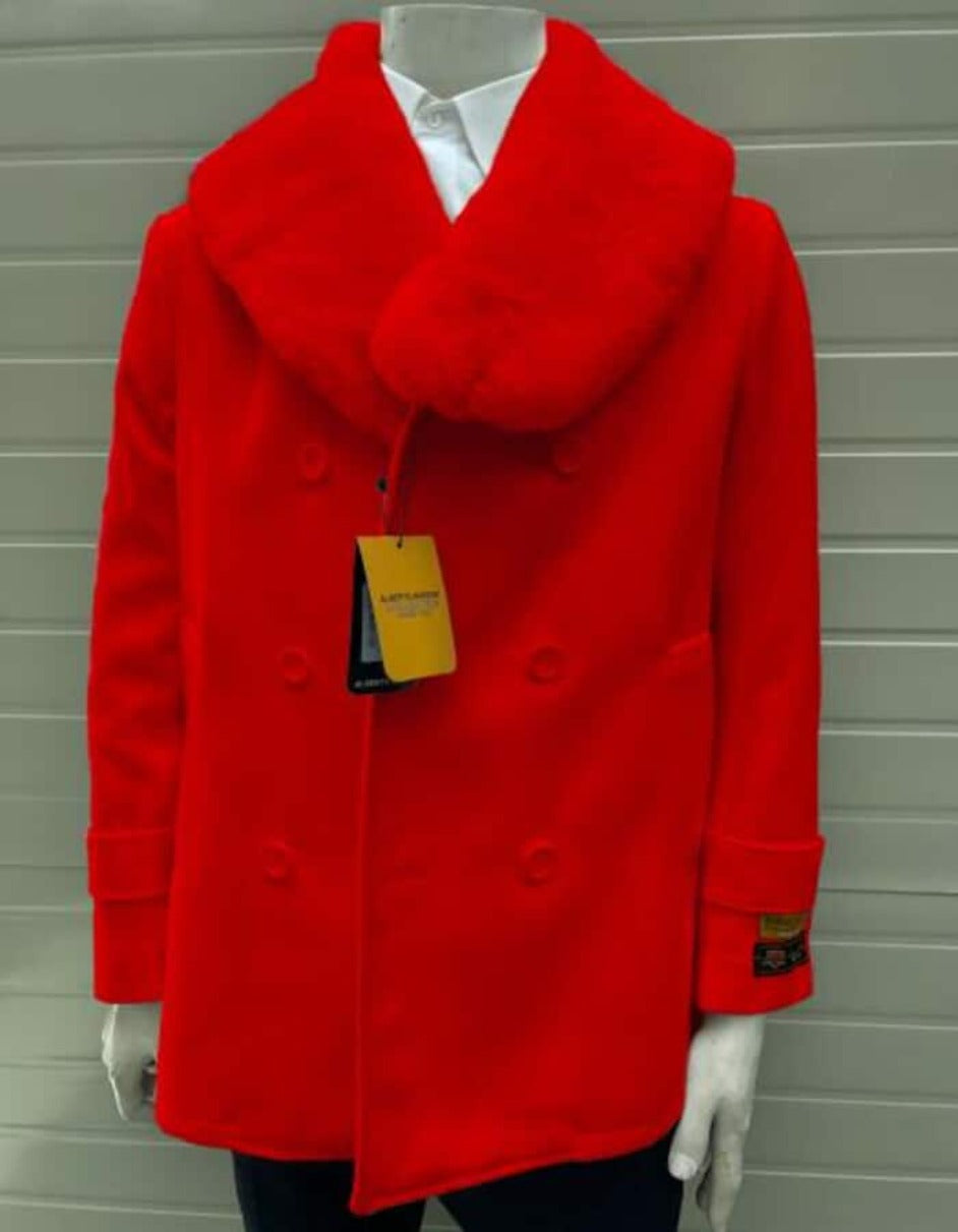 Mens Pea coats With Fur Collar - Wool Red Peacoats - Men's Tuxedo USA