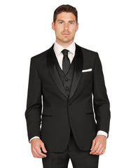 Mens Vested One Button Shawl Lapel Tuxedo in Black - Mens Slim Fitted Tuxedo - Men's Tuxedo USA