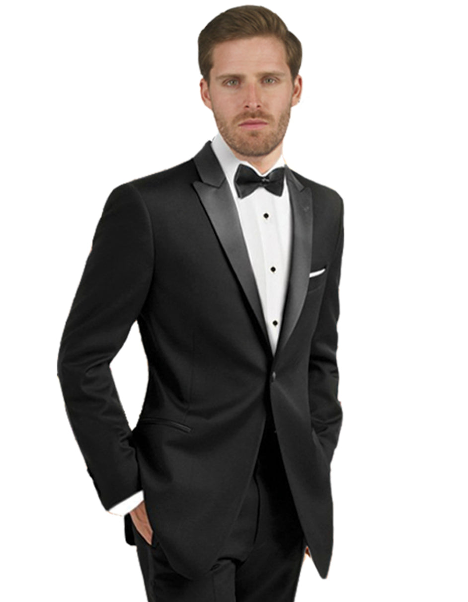 Mens 100% Wool 1 Button Peak Lapel Tuxedo in Black - Men's Tuxedo USA