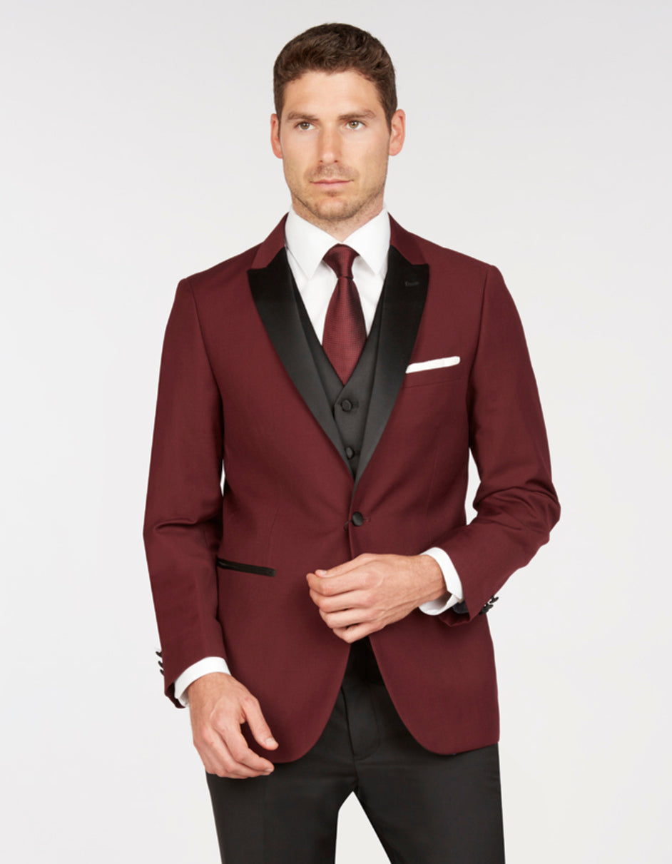 Mens Vested One Button Peak Lapel Tuxedo in Burgundy - Men's Tuxedo USA