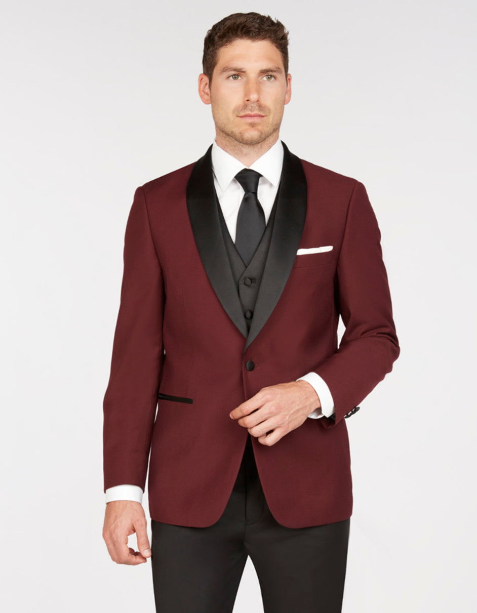 Mens Vested One Button Shawl Lapel Prom Tuxedo in Burgundy - Mens Slim Fitted Tuxedo - Men's Tuxedo USA