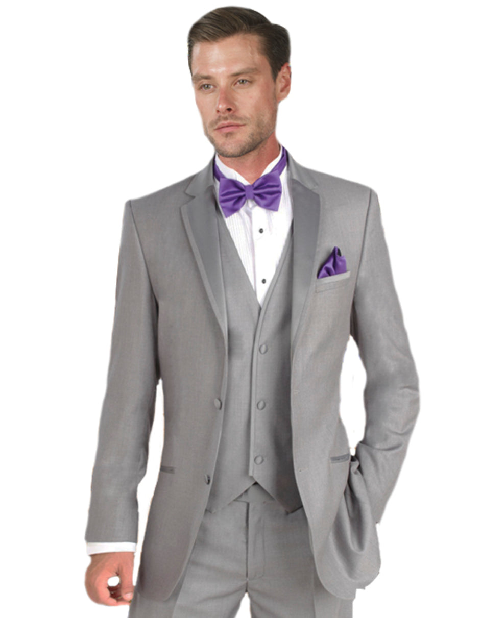 Mens Vested Satin Trim Wedding Tuxedo in Light Grey - Mens Slim Fitted Tuxedo - Men's Tuxedo USA