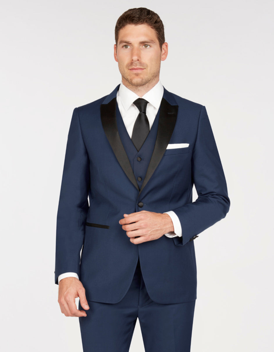 Mens Vested One Button Peak Lapel Tuxedo in Navy Blue - Men's Tuxedo USA