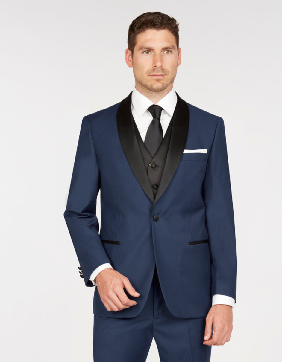 Mens Vested One Button Shawl Lapel Tuxedo in Navy & Black - Men's Tuxedo USA