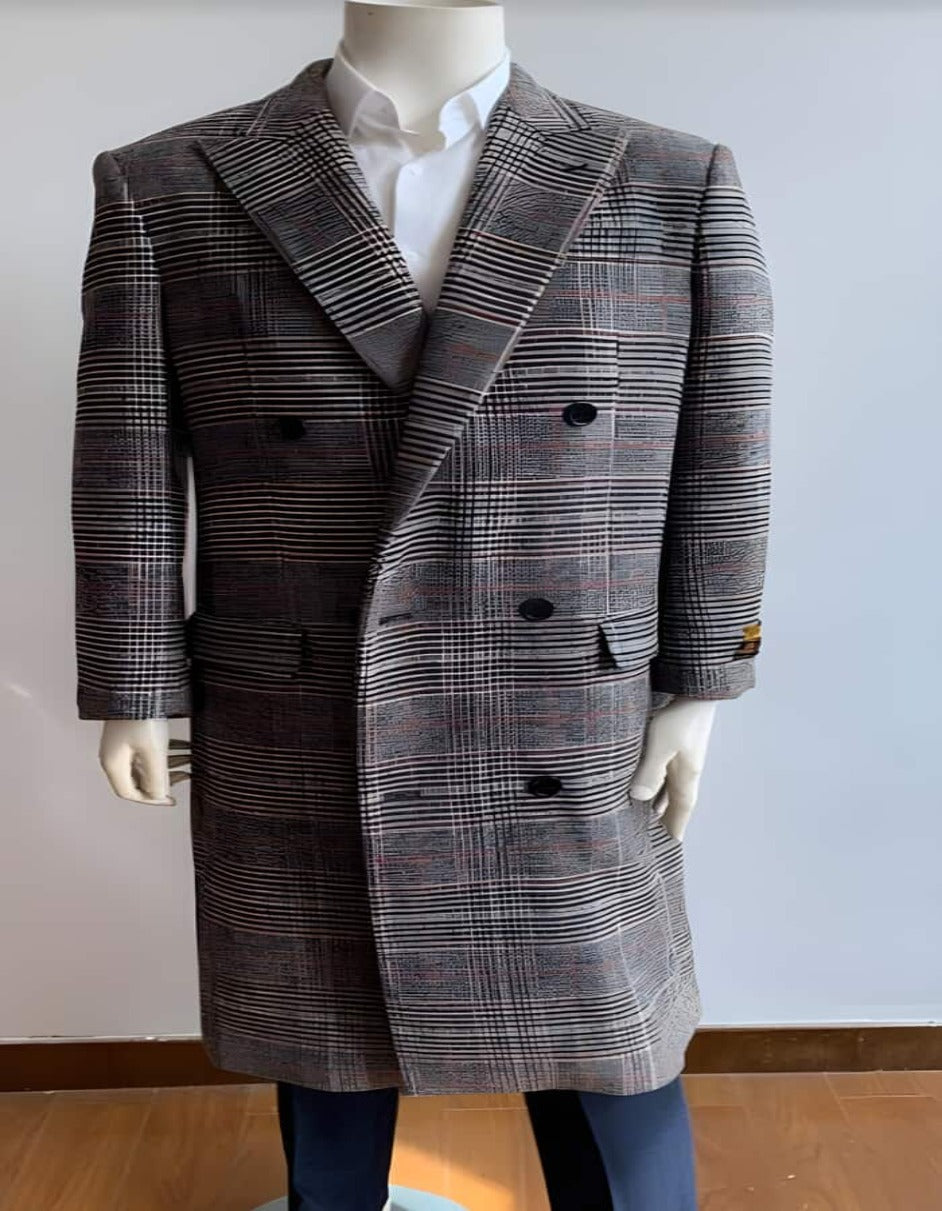 Glain plaid - Windowpane - Checkered Pattern Double Breasted Style Double Breasted Overcoat - Wool Top Coat - Full Length Coat Gray - Men's Tuxedo USA