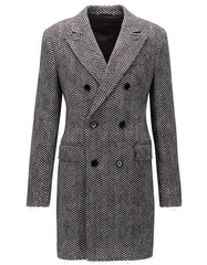 Men's  Double Breasted Gray Herringbone Tweed Six Button Overcoat - Men's Tuxedo USA