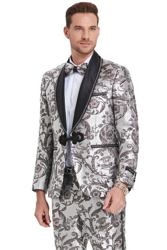 Mens Gray Tuxedo - Grey Wedding Suit-Mens Silver & Black Wedding & Prom  Smoking Jacket Tuxedo - Men's Tuxedo USA