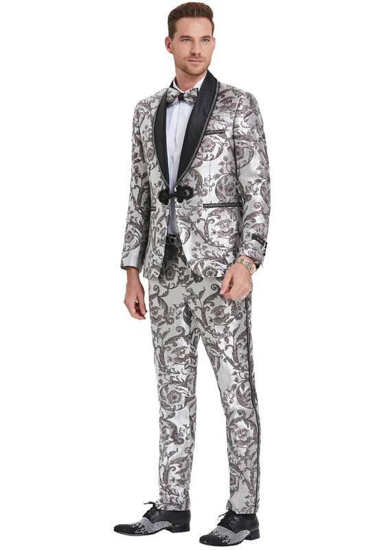 Mens Gray Tuxedo - Grey Wedding Suit-Mens Silver & Black Wedding & Prom  Smoking Jacket Tuxedo - Men's Tuxedo USA